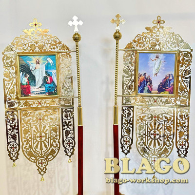 Хоругви церковні латунні "Виноградна лоза" з іконами Спасителя та Казанської Божої Матері, пара, 52х125 см