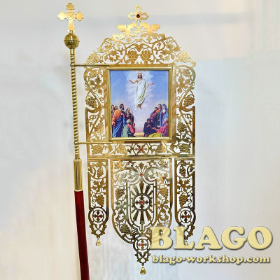 Хоругви церковні латунні "Виноградна лоза" з іконами Спасителя та Казанської Божої Матері, пара, 52х125 см