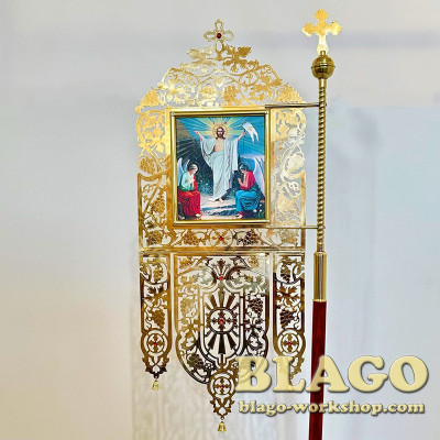 Хоругви церковні латунні "Виноградна лоза" з іконами Спасителя та Казанської Божої Матері, пара, 52х125 см
