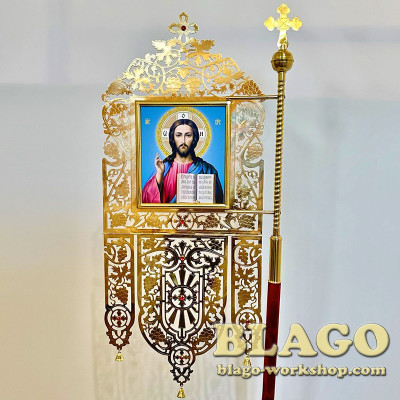 Хоругви церковні латунні "Виноградна лоза" з іконами Спасителя та Казанської Божої Матері, пара, 52х125 см