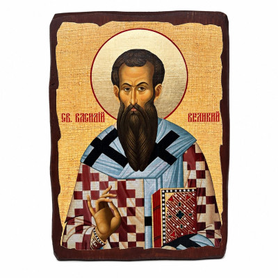 Icon of St. Basil the Great in antique style on wood 21x29 cm