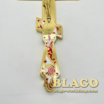 Хрест напрестольний з латуні, червона емаль, 17,5х1х34,5 см