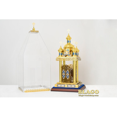 Damask blue enamel alms box 5 domes 37x37x95 cm 
