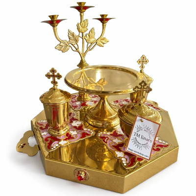 Litija (All-Night Vigil) tray No. 2, octagonal, made of Bulat steel with red enamel, 34x31 cm