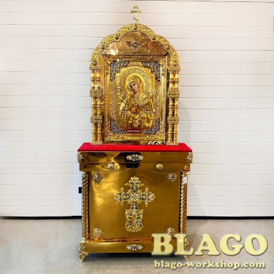 Icon stands with the icon of the Mother of God with cast inserts, 95x35x210 cm