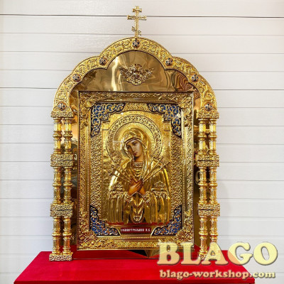 Icon stands with the icon of the Mother of God with cast inserts, 95x35x210 cm