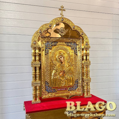 Icon stands with the icon of the Mother of God with cast inserts, 95x35x210 cm