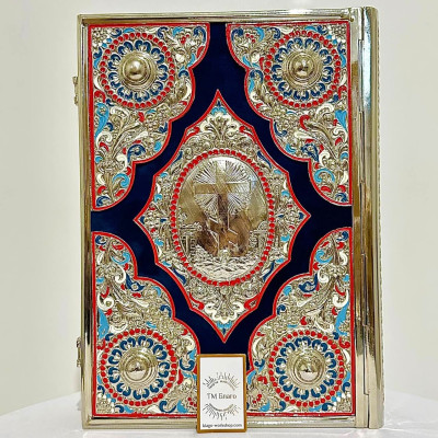Євангеліє на церковнослов'янській мові, в нікельованому окладі з синім оксамитом, 34х25х7 см