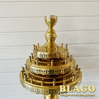 Three-tiered brass candlestick for 40 candles and 1 lamp, conical leg, 45x45x155 cm