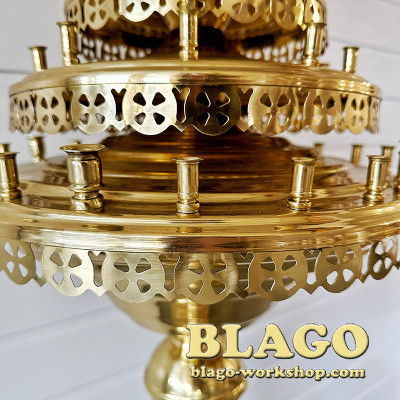 Three-tiered brass candlestick for 40 candles and 1 lamp, conical leg, 45x45x155 cm