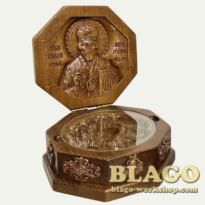 Ковчег деревянный для святых мощей с иконой святого Николая, 19х19х8 см