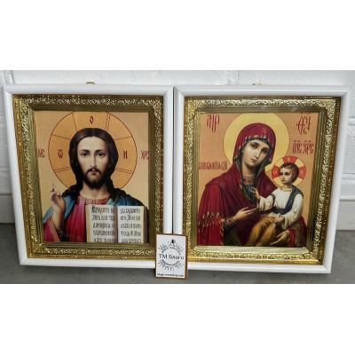 Icons of the wedding couple of the Savior and the Mother of God in a white frame 22x19.5x3 cm