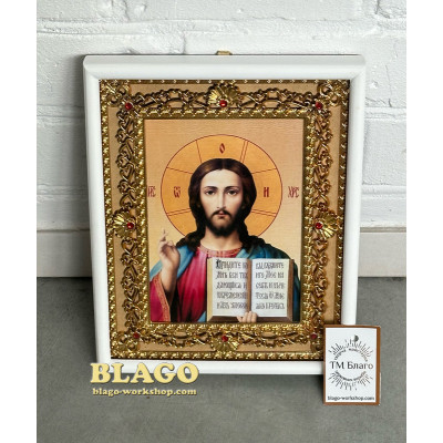 Ікони вінчальні пара Спаситель та Богородиця у білій рамі 24х19,5х2,5 см