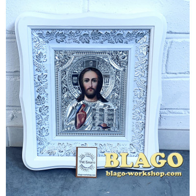 Ікони вінчальні Спаситель та Богородиця у білій фігурній рамі 26х22х3 Ікони вінчальні Спаситель та Богородиця у білій фігурній рамі 26х22х3