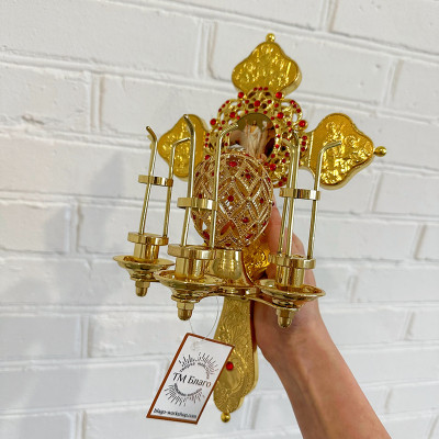Трисвічник великодній латунний з червоними камінцями, 31х20х12 см