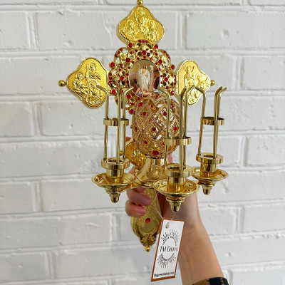 Трисвічник великодній латунний з червоними камінцями, 31х20х12 см