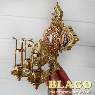 Трисвічник великодній з хрестом декорований камінням, 19х12х30 см