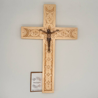 Table cross, wooden wall cross with a metal crucifix, 17x1.5x26 cm