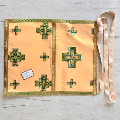 The priest's vestment is yellow, Greek cut, with green and yellow embroidery