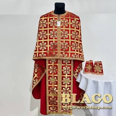 Red brocade vestments for priest, Greek cut, size 52-54