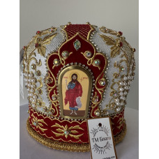 Митра червоно-срібна з іконами, перлинами та золотим шиттям 59 розмір