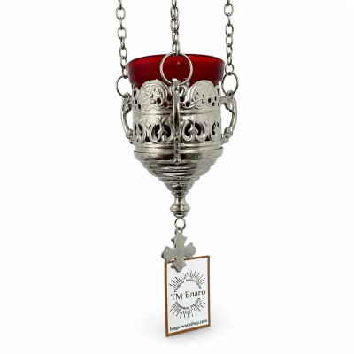 Church lamp hanging on chains with red glass nickel 8x13x60 Church lamp hanging on chains with red glass nickel 8x13x60