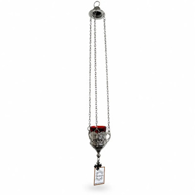 Church lamp hanging on chains with red glass nickel 8x13x60