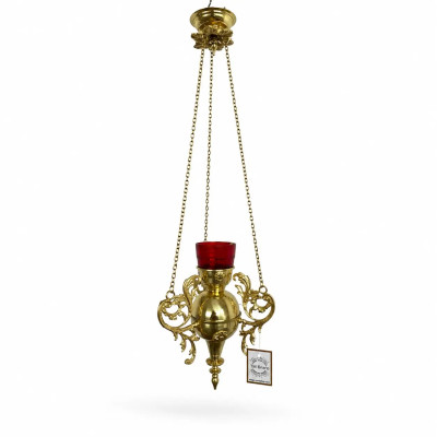 Church hanging lamp made of brass, red cup