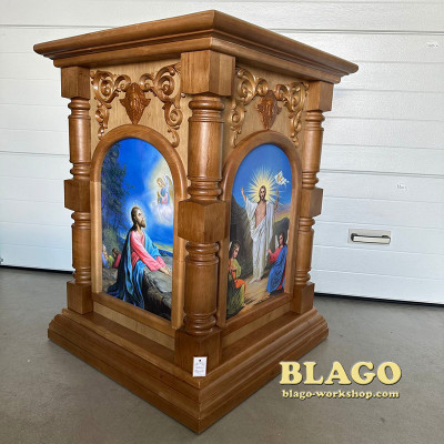 Престол деревянный (риза) с резьбой и иконами, 80х80х105 см