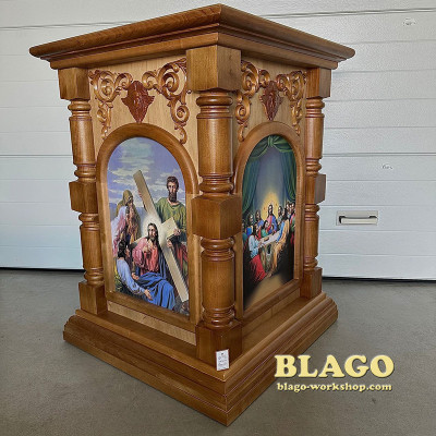 Престол деревянный (риза) с резьбой и иконами, 80х80х105 см