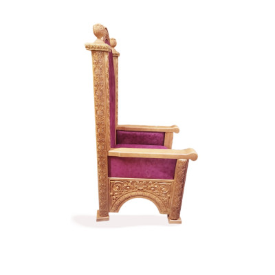 Wooden carved church throne with burgundy upholstery 78x80x190 cm Wooden carved church throne with burgundy upholstery 78x80x190 cm