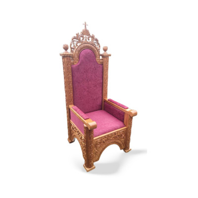 Wooden carved church throne with burgundy upholstery 78x80x190 cm