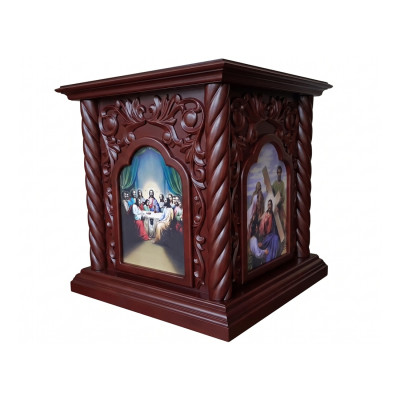 Altarpiece with lithographs and carvings 100x100x105 cm Altarpiece with lithographs and carvings 100x100x105 cm
