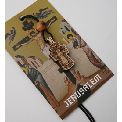 Хрест натільний малий різьблений, двохсторонній з іконкою та шнурком