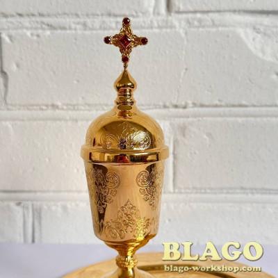 Елейница с тарелкой латунная для елеопомазки, 18х19 см