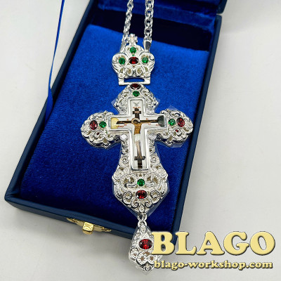 Хрест наперсний для священника сріблений з камінцями, 14,5х8,5х1,3 см