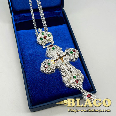 Хрест наперсний для священника сріблений з камінцями, 14,5х8,5х1,3 см