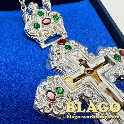 Хрест наперсний для священника сріблений з камінцями, 14,5х8,5х1,3 см