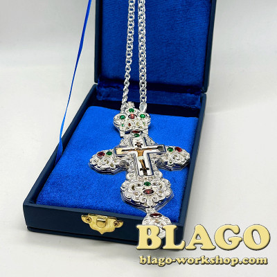 Хрест наперсний для священника сріблений з камінцями, 14,5х8,5х1,3 см