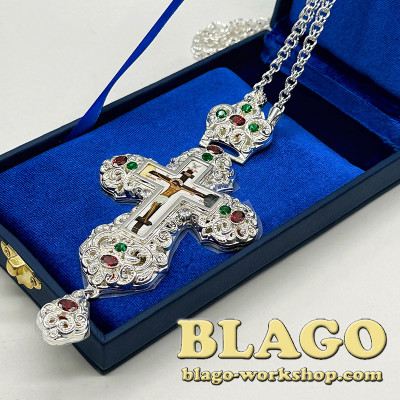 Хрест наперсний для священника сріблений з камінцями, 14,5х8,5х1,3 см