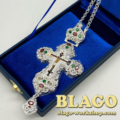 Хрест наперсний для священника сріблений з камінцями, 14,5х8,5х1,3 см