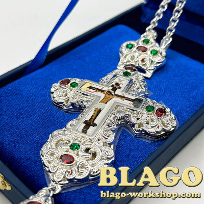 Хрест наперсний для священника сріблений з камінцями, 14,5х8,5х1,3 см