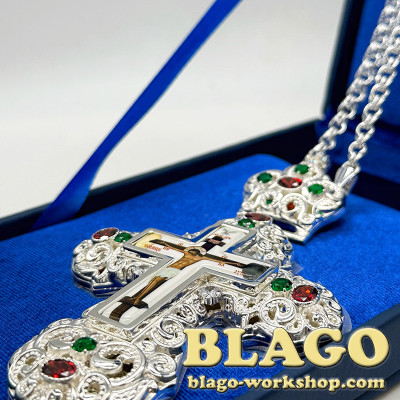 Хрест наперсний для священника сріблений з камінцями, 14,5х8,5х1,3 см