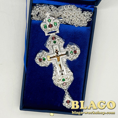 Хрест наперсний для священника сріблений з камінцями, 14,5х8,5х1,3 см