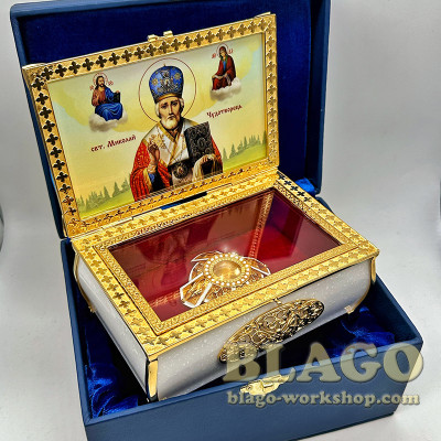 Ковчег з акрилу в латунному обрамленні з іконою "Святий Миколай Чудотворець", 16х10,5х8 см