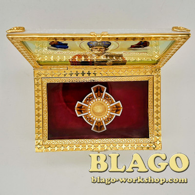 Ковчег з акрилу в латунному обрамленні з іконою "Святий Миколай Чудотворець", 16х10,5х8 см