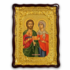 Temple icon Holy Martyrs Adrian and Natalia in a wooden box under glass 60x80 cm