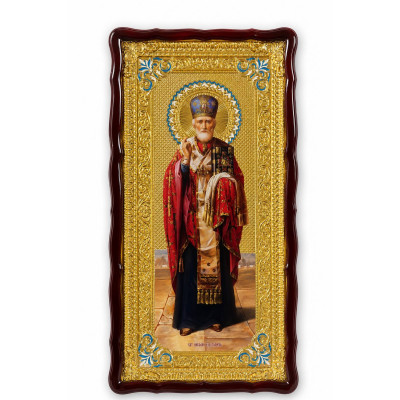 Икона Святого Николая Чудотворца церковнославянский язык в деревянном киоте со стеклом 60х120 см