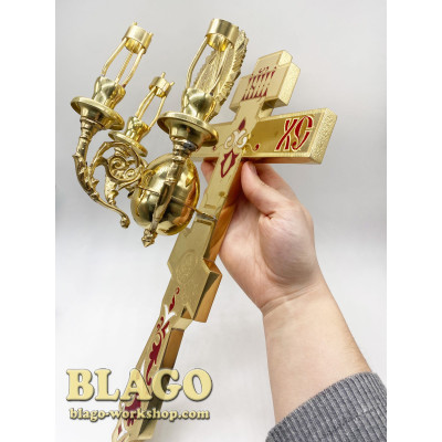 Easter candlestick brass with cast iron and red enamel, 17.5x35 cm