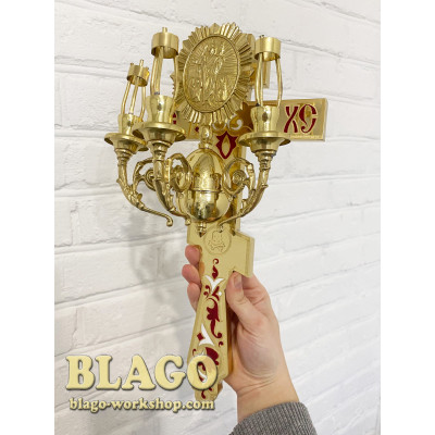 Easter candlestick brass with cast iron and red enamel, 17.5x35 cm